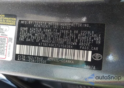 2007 Toyota Camry Le z USA, uszkodzony, nr VIN 4T1BE46K37U156364